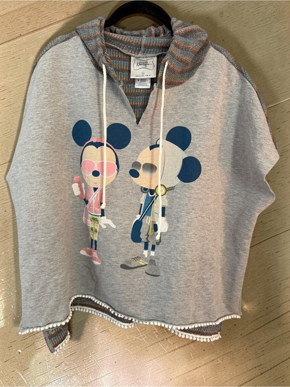 Disney Boutique Mickey Minnie Poncho Hoodie M Grey Rainbow Pom Pom Trim